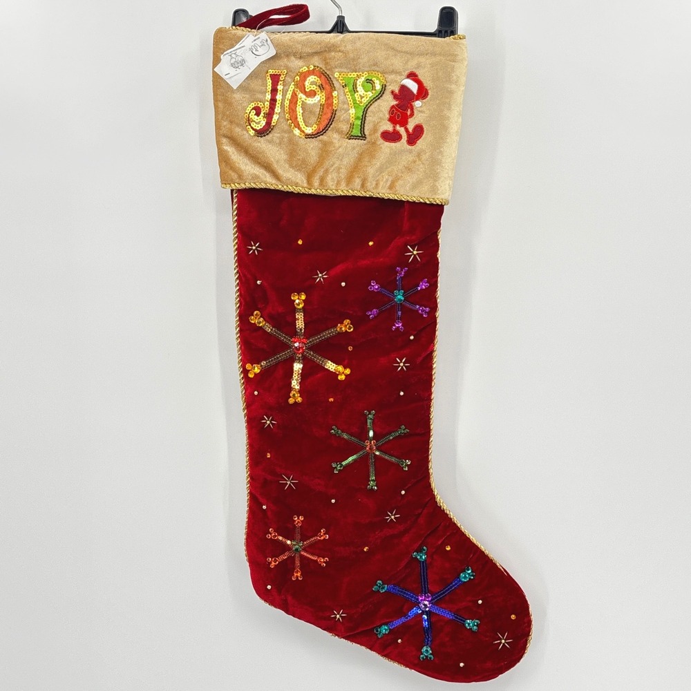 RARE Disney Park Jumbo Christmas Stocking Red Velvet Mickey Mouse JOY Snowflakes